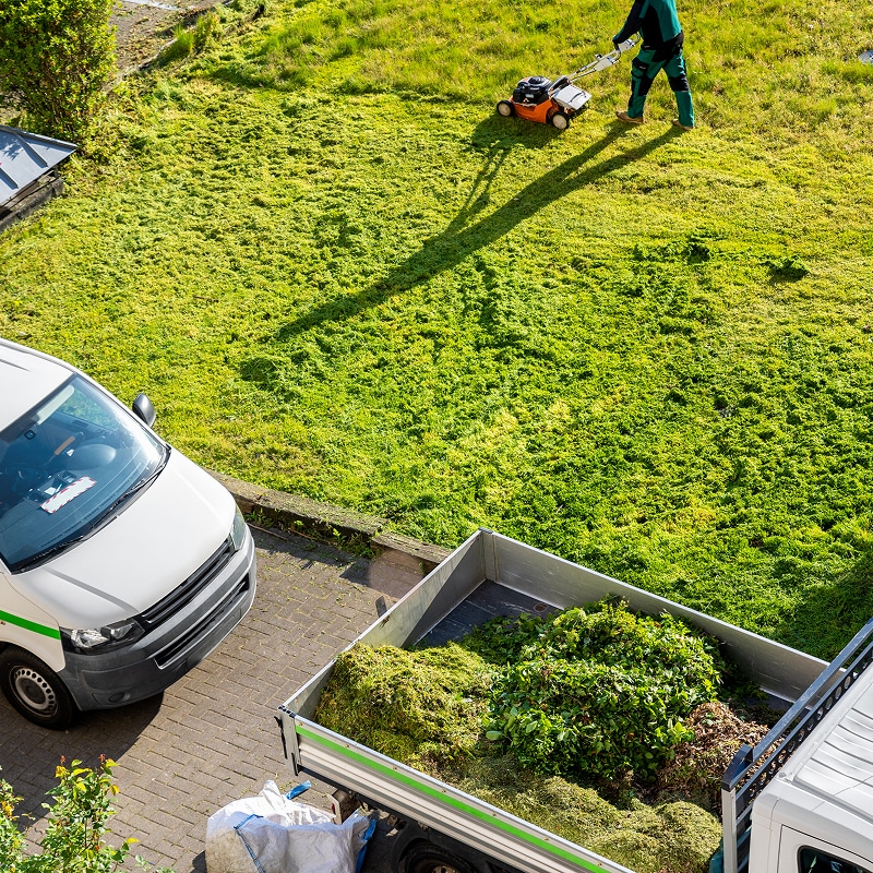 Jardinier tondant une grande pelouse. Une camionnette et un camion rempli de déchets verts de tonte sont garés à proximité.