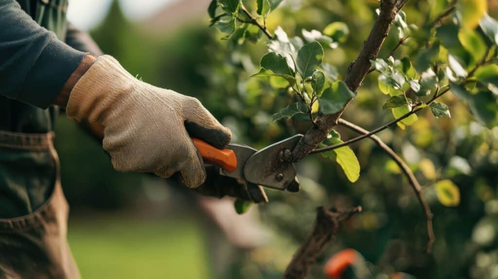 Main gantée coupant une branche d'arbre fruitier avec un sécateur. Scène de jardinage et d'entretien des plantes.